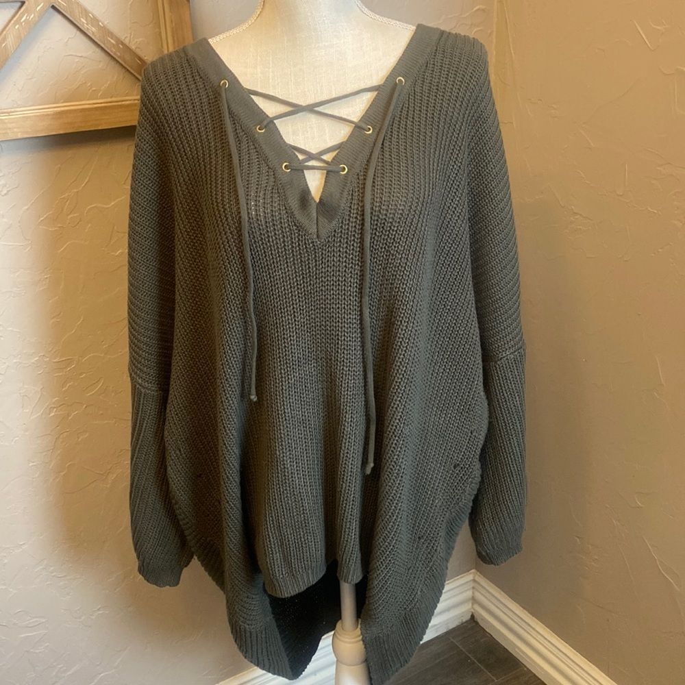 The Impeccable Pig Oversized Tunic Tie Neck Knit Sweater Olive Small - Picture 2 of 10